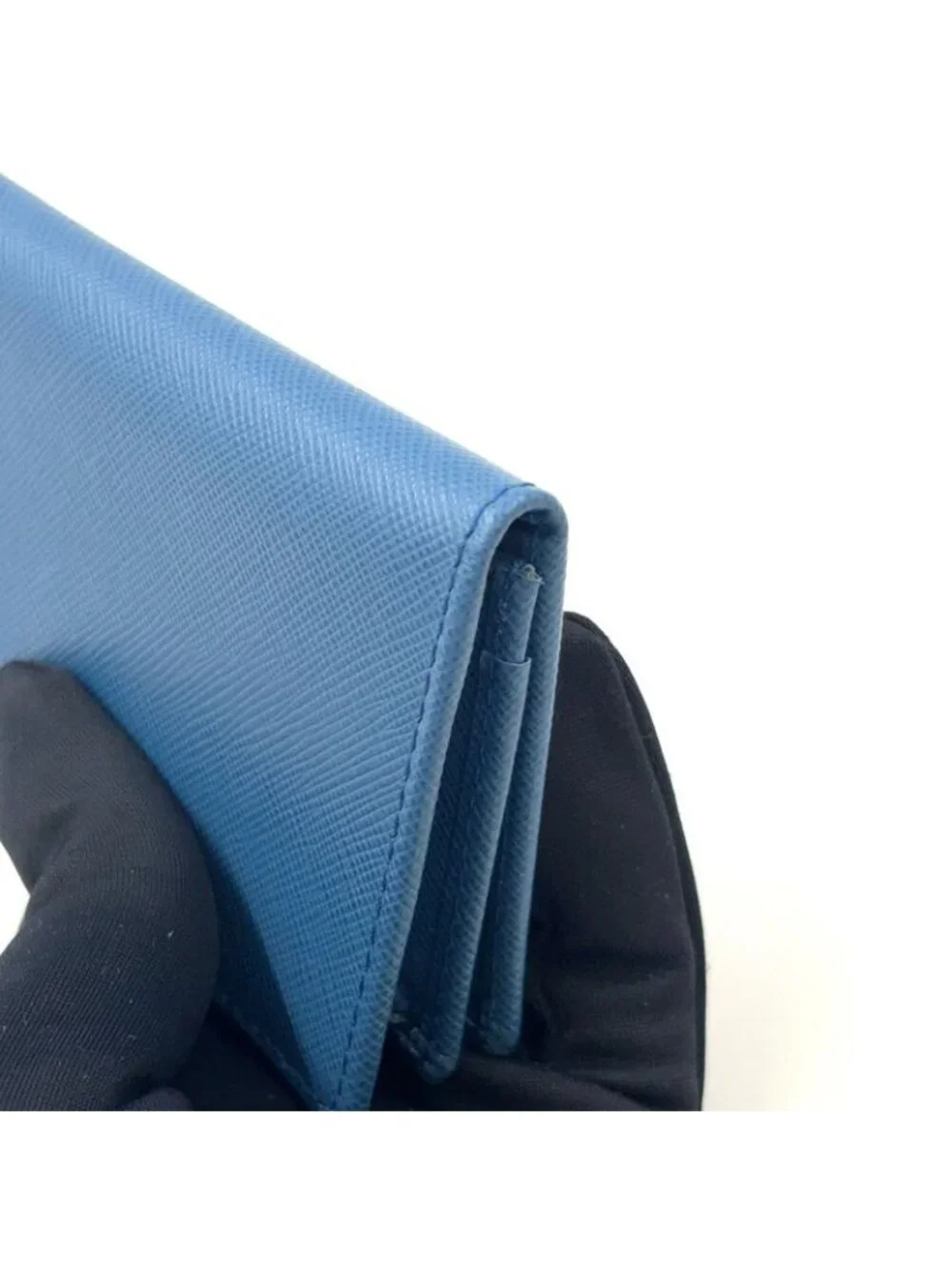 Prada Saffiano Metal Logo Leather Blue Card Case Gold - Picture 10 of 13